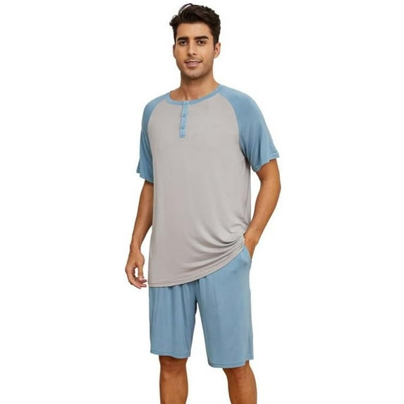 Vulcanodon Mens Pajama Set, Bamboo Lightweight Short Sleepwear for Men(Light Grey+Grey Blue,Small)