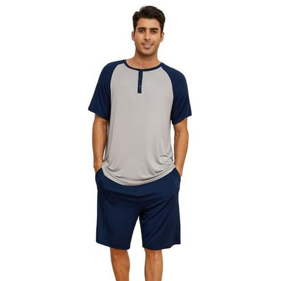 Vulcanodon Mens Pajama Set, Bamboo Lightweight Short Sleepwear for Men(Light Grey+Navy,Small)