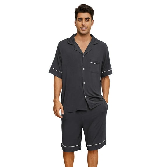 Vulcanodon Mens Pajama Set, Bamboo Viscose Button-up PJS for Men?Dark Grey, Small?