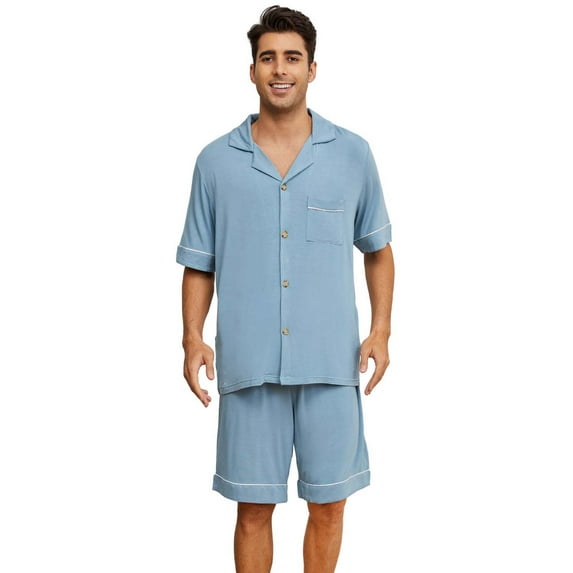 Vulcanodon Mens Pajama Set, Bamboo Viscose Button-up PJS for Men?Grey Blue, Small?