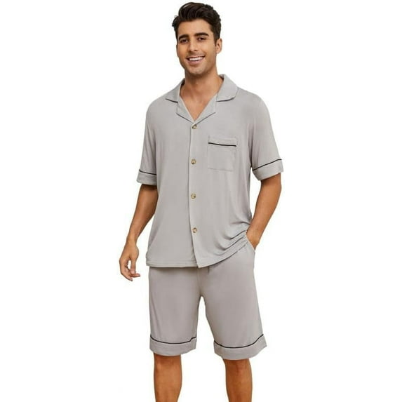 Vulcanodon Mens Pajama Set, Bamboo Viscose Button-up PJS for Men(Light Grey, Small)