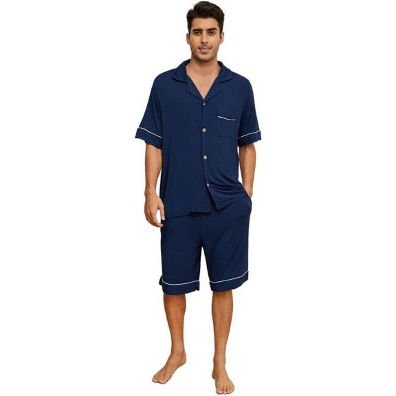 Vulcanodon Mens Pajama Set, Bamboo Viscose Button-up PJS for Men?Navy, Large?