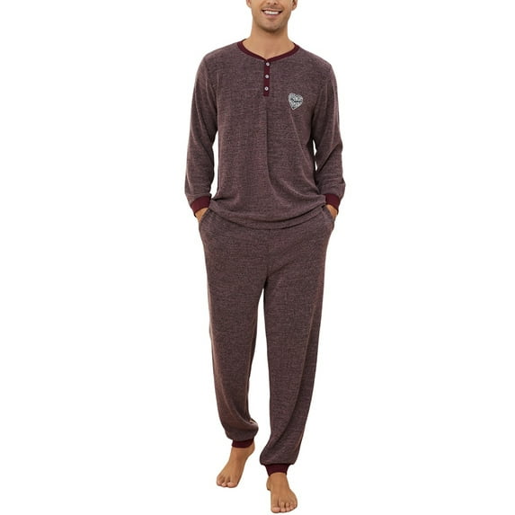 Vulcanodon Mens Pajama Set, Long Sleeve Henley Collar Loungewear for Casual Sleepwear,(Dark Purple Mel,XL)