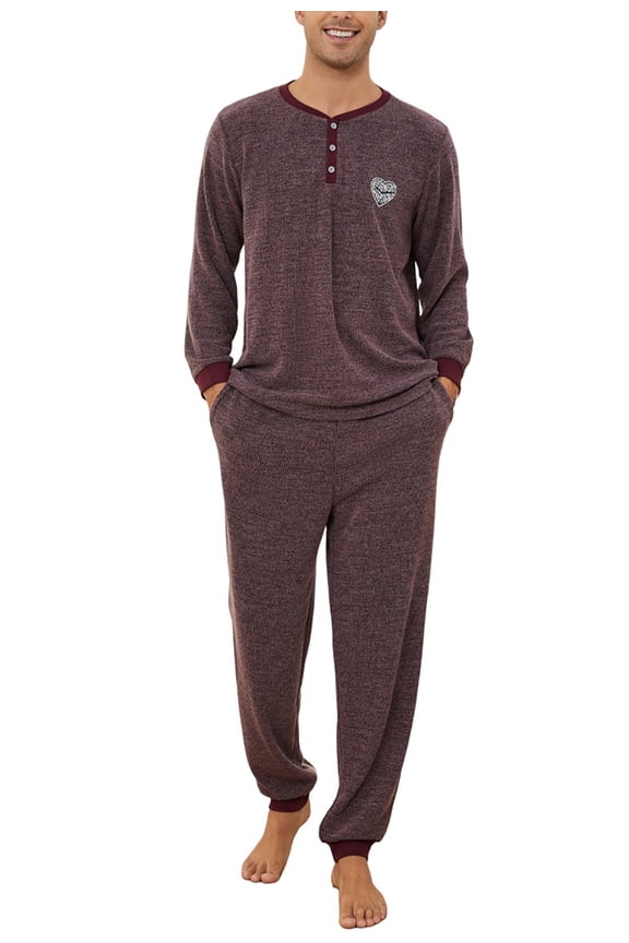 Mens Pajama Set, Long Sleeve Henley Collar Loungewear for Casual Sleepwear,(Dark Purple Mel,XL)