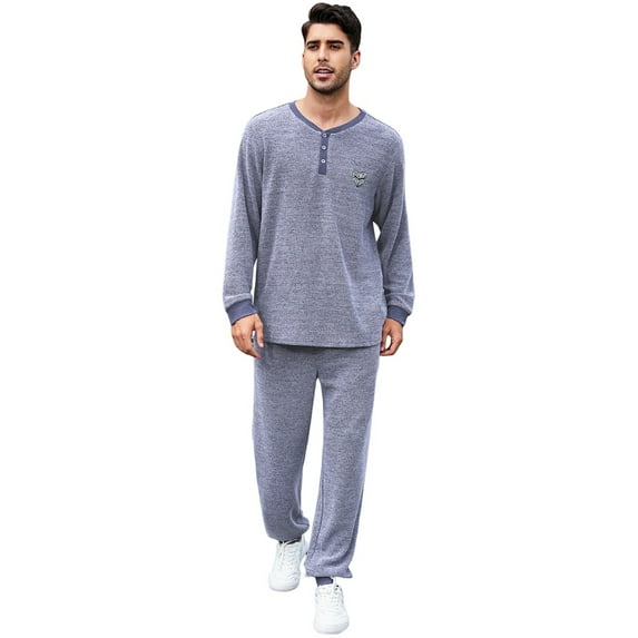 Vulcanodon Mens Pajama Set, Long Sleeve Henley Collar Loungewear for Casual Sleepwear,(Light Navy Mel,XL)