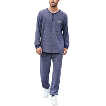 Vulcanodon Mens Pajama Set, Long Sleeve Henley Collar Loungewear for Casual Sleepwear,(Navy Mel,L)