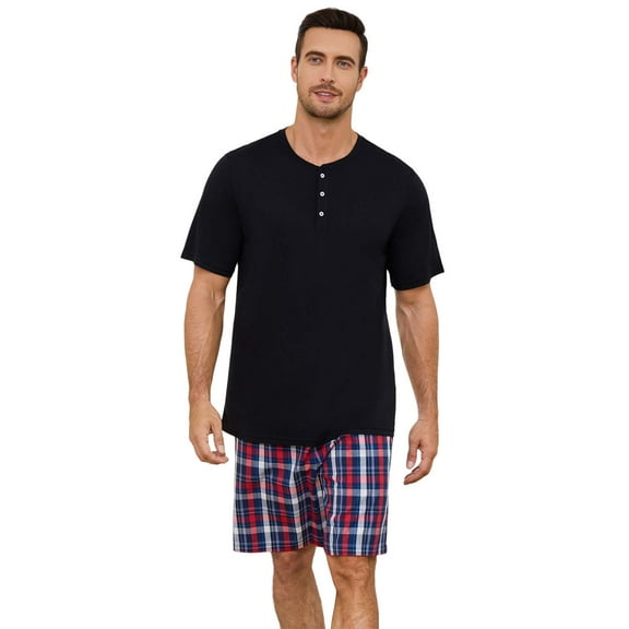 Vulcanodon Mens Pajama Set Short Sleeve, Pajamas Made from Bamboo Pulp Viscose and Cotton Lightweight PJS for Men(Black Red-Blue Plaid, L)