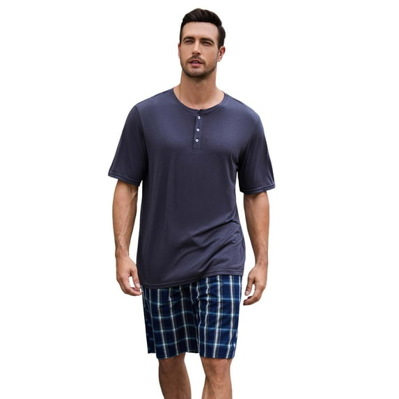 Vulcanodon Mens Pajama Set Short Sleeve, Pajamas Made from Bamboo Pulp Viscose and Cotton Lightweight PJS for Men(Dark Grey+Dark Blue Plaid, XL)