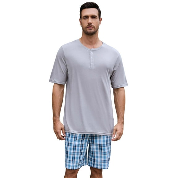 Vulcanodon Mens Pajama Set Short Sleeve, Pajamas Made from Bamboo Pulp Viscose and Cotton Lightweight PJS for Men(Light Grey Aqua Blue Plaid, L)