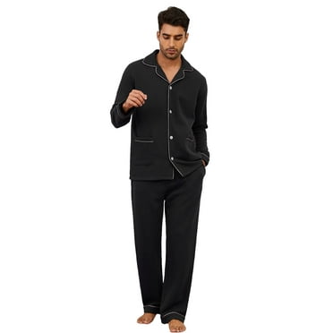 Vulcanodon Mens Pajama Set Soft Warm Long Sleeve Quilted Fabric Cotton Cozy Sleepwear Button-Down Pjs(Black, L)