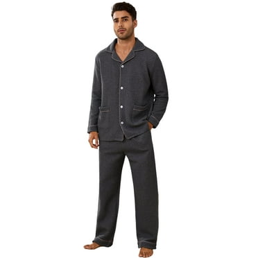 Vulcanodon Mens Pajama Set Soft Warm Long Sleeve Quilted Fabric Cotton Cozy Sleepwear Button-Down Pjs(Dark Grey Mel., XL)