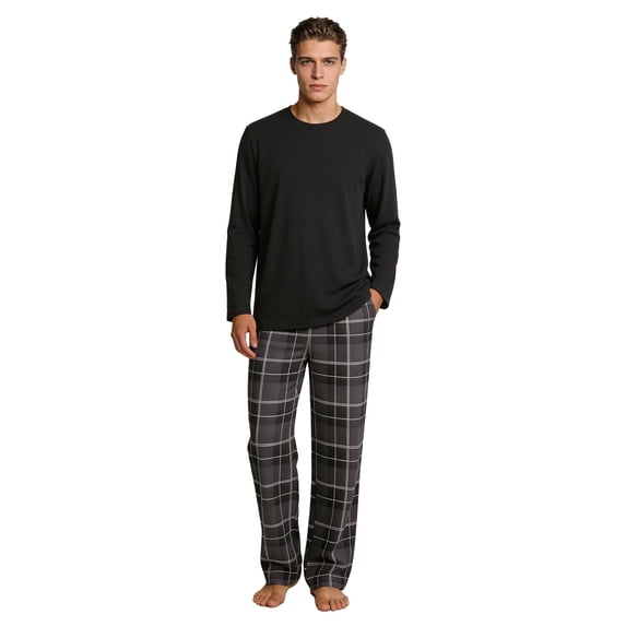 Vulcanodon Mens Pajama Sets, Soft Lounge Pajama for Men Long Sleeve Cozy Sleepwear with Pockets(BLACK/BLACK GREY PLAID, L)