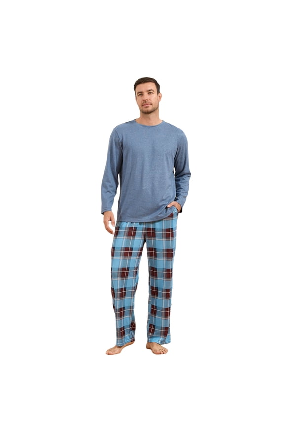 Mens Pajama Sets, Soft Lounge Pajama for Men Long Sleeve Cozy Sleepwear with Pockets（DARK NAVY MEL./BROWN BLUE PLAID, 2XL）