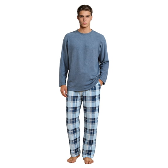 Vulcanodon Mens Pajama Sets, Soft Lounge Pajama for Men Long Sleeve Cozy Sleepwear with Pockets(DARK NAVY MEL./DARK BLUE PLAID, 2XL)
