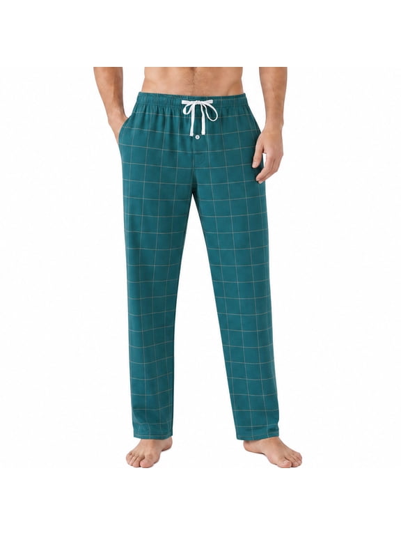 Mens Plaid Sleep Pants, Cotton Pajama Pants with Pockets, Soft Lounge Pajama Bottoms for Men (Hunter Green-plaid, Large)