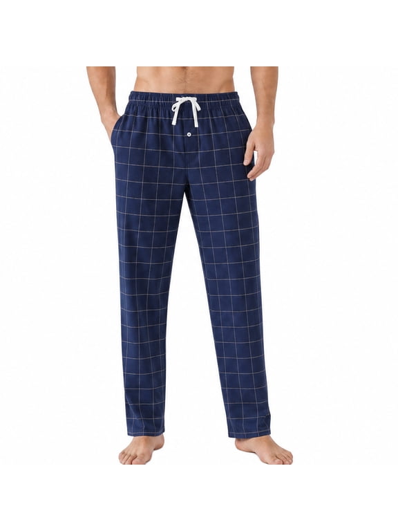 Mens Plaid Sleep Pants, Cotton Pajama Pants with Pockets, Soft Lounge Pajama Bottoms for Men(Navy-plaid 01, Large)
