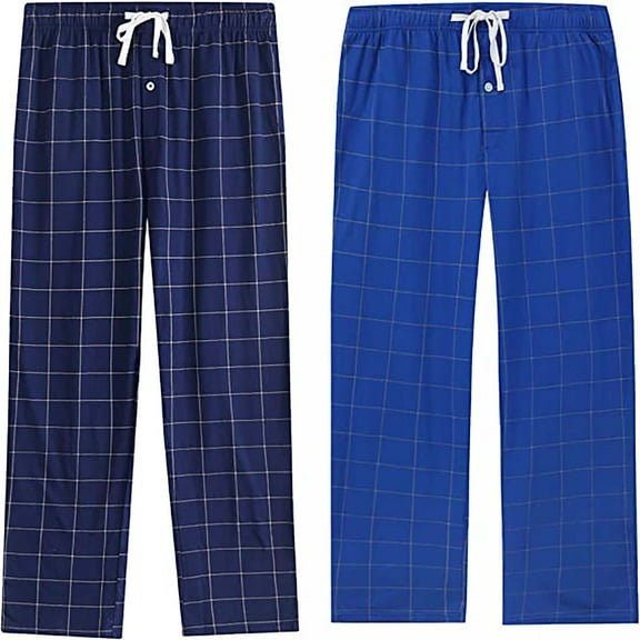 Vulcanodon 2 Pack Mens Plaid Sleep Pants, Cotton Pajama Pants with Pockets, Soft Lounge Pajama Bottoms for Men (Navy-plaid/Royal Blue-plaid, Medium)