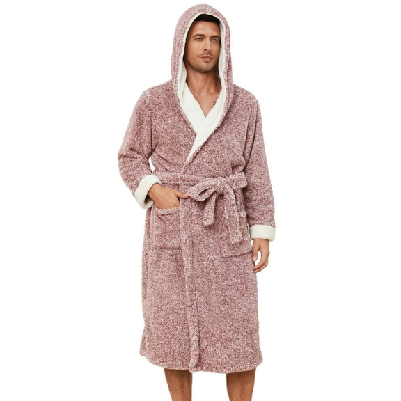 Vulcanodon Mens Plush Hooded Robe, Soft Fluffy Mens Fleece Robe Long Warm Men Bathrobes（Dark Red Mel., L/XL）