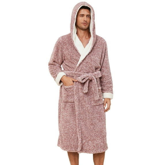 Vulcanodon Mens Plush Hooded Robe, Soft Fluffy Mens Fleece Robe Long Warm Men Bathrobes(Dark Red Mel., L/XL)