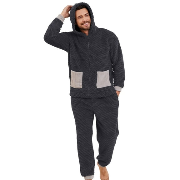 Vulcanodon Mens Plush Hooded Zipper Pajama Set, Soft Warm Long Sleeve Sleepwear with Pockets Fluffy Fuzzy Cozy Pjs（Dark Grey+light Grey, XL）