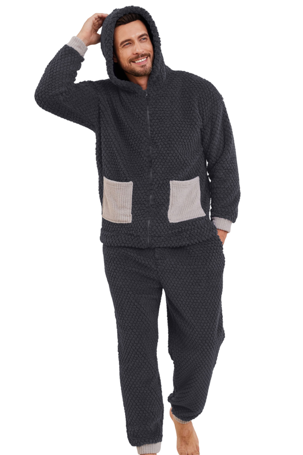 Vulcanodon Mens Plush Hooded Zipper Pajama Set Soft Warm Long Sleeve 