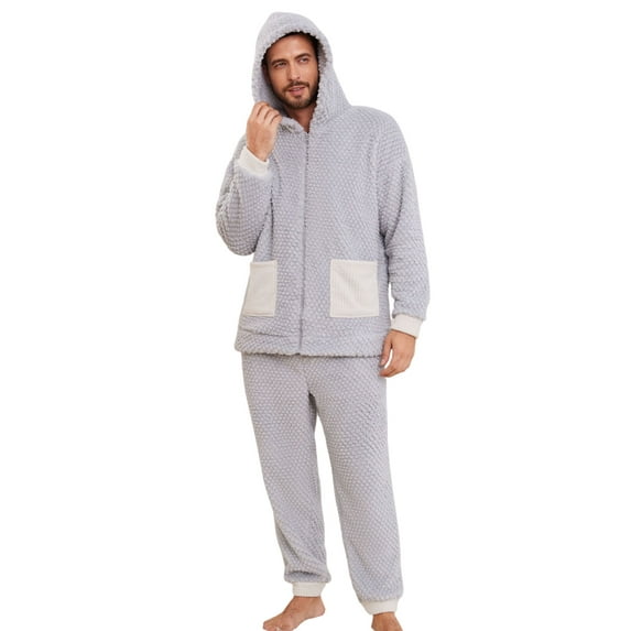 Vulcanodon Mens Plush Hooded Zipper Pajama Set, Soft Warm Long Sleeve Sleepwear with Pockets Fluffy Fuzzy Cozy Pjs(Light Grey+white, L)