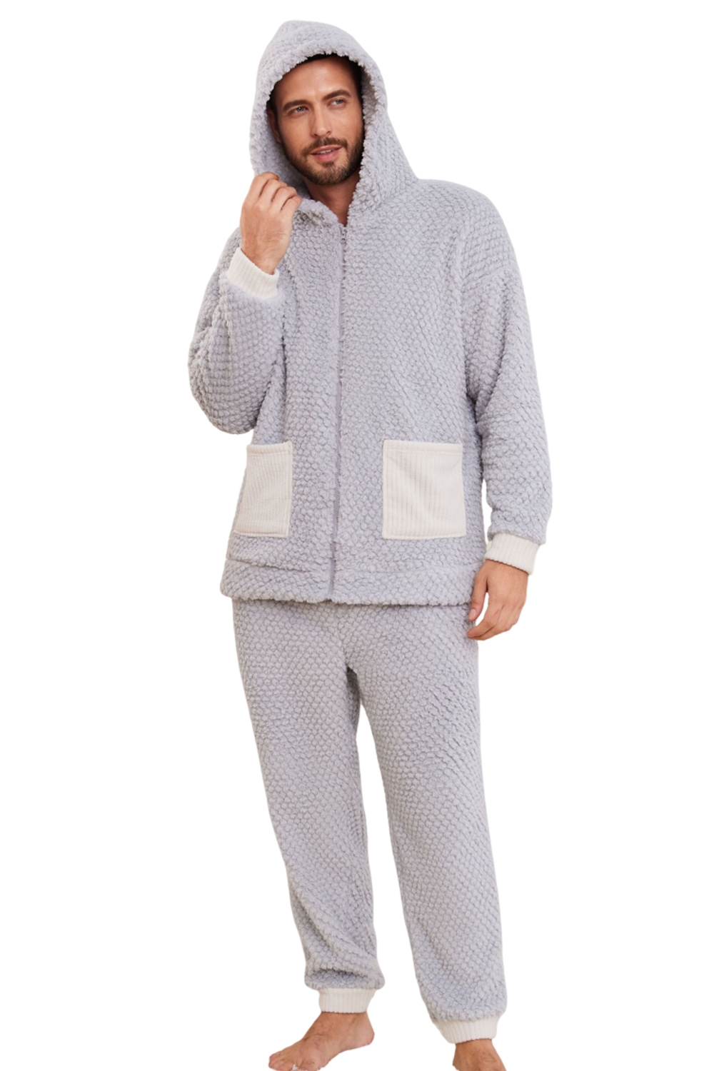 Vulcanodon Mens Plush Hooded Zipper Pajama Set Soft Warm Long Sleeve 