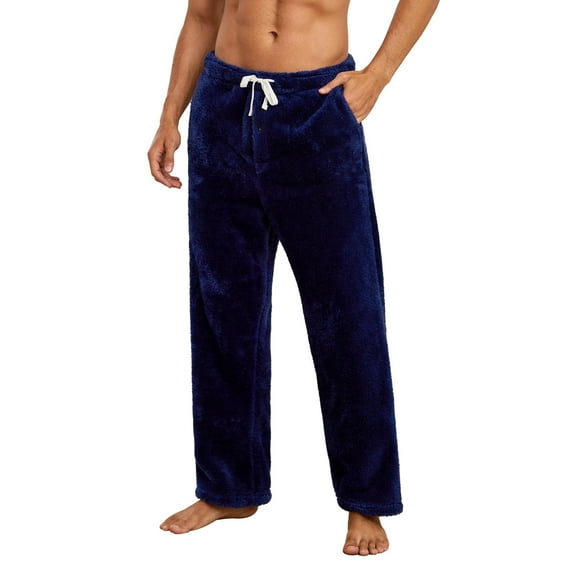 Vulcanodon Mens Plush Warm Pajama Pants, Fluffy Soft Fleece Sleep Pant with Pockets Lounge Pj Bottoms for Men （Navy, XL）