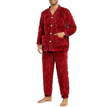 Vulcanodon Mens Plush Warm Pajama Sets Soft Fluffy Long Fuzzy Sleepwear with Pockets Cozy Loungewear Pjs Set for Men(Burgundy, L)