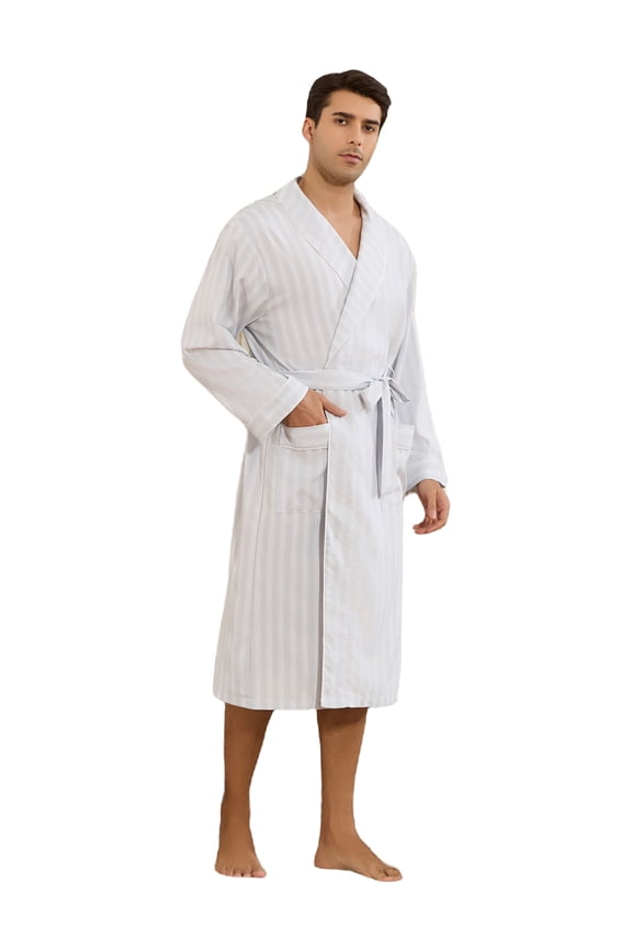 Mens Robe Lightweight Long Sleeve Bathrobe, Striped Soft Kimono Knee Length Sleepwear