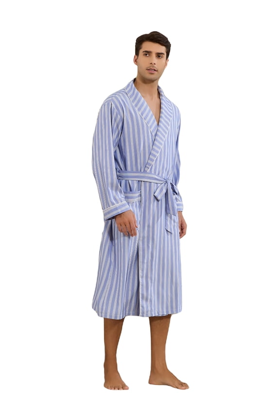 Mens Robe Lightweight Long Sleeve Bathrobe, Striped Soft Kimono Knee Length Sleepwear