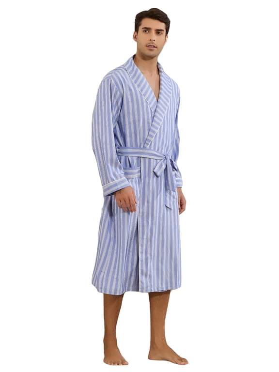 Mens Robe Lightweight Long Sleeve Bathrobe, Striped Soft Kimono Knee Length Sleepwear