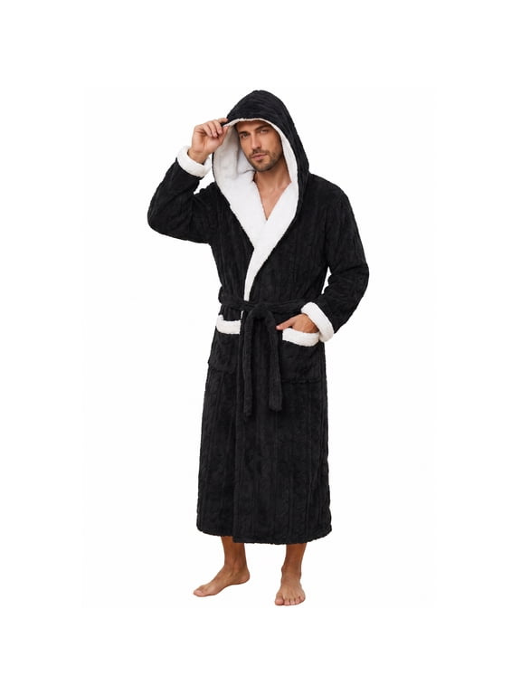 Mens Robe with Hood,Full Length Plush Robe for Men Contrast Thick Fleece Bathrobe (Black, Large-X-Large)