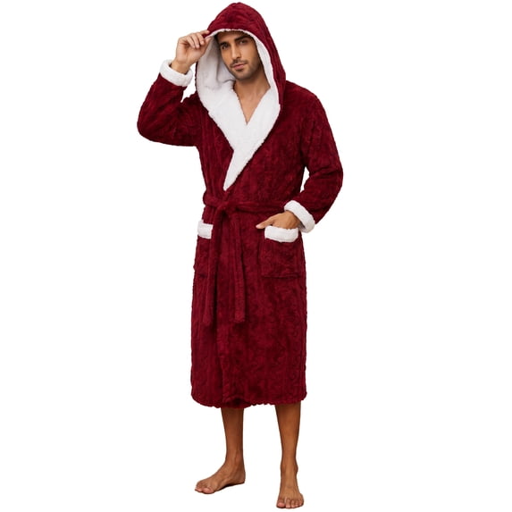 Vulcanodon Mens Robe with Hood,Full Length Plush Robe for Men Contrast Thick Fleece Bathrobe (Burgundy, Small-Medium)