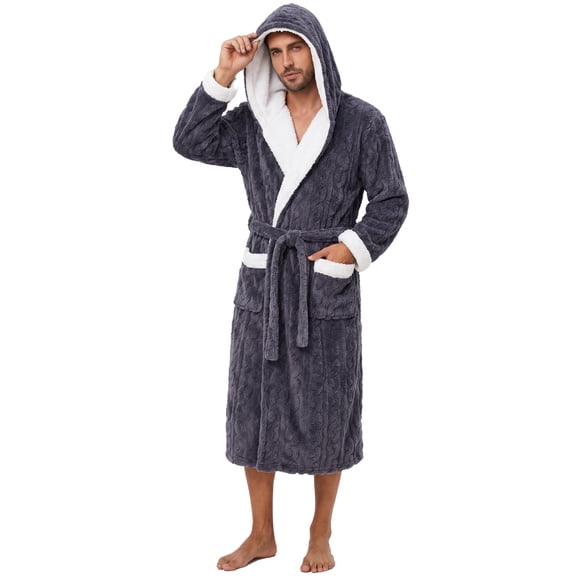 Vulcanodon Mens Robe with Hood,Full Length Plush Robe for Men Contrast Thick Fleece Bathrobe (Dark Grey, Large-X-Large)