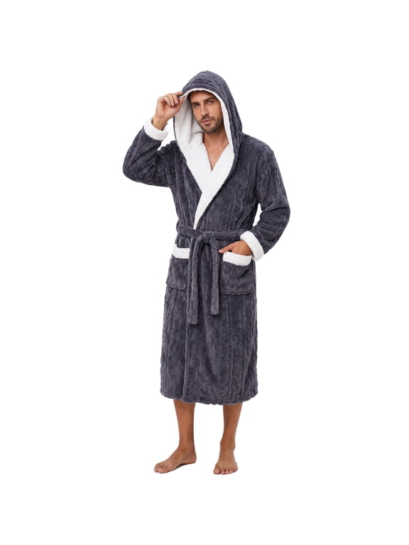 Mens Robe with Hood,Full Length Plush Robe for Men Contrast Thick Fleece Bathrobe (Dark Grey, Large-X-Large)