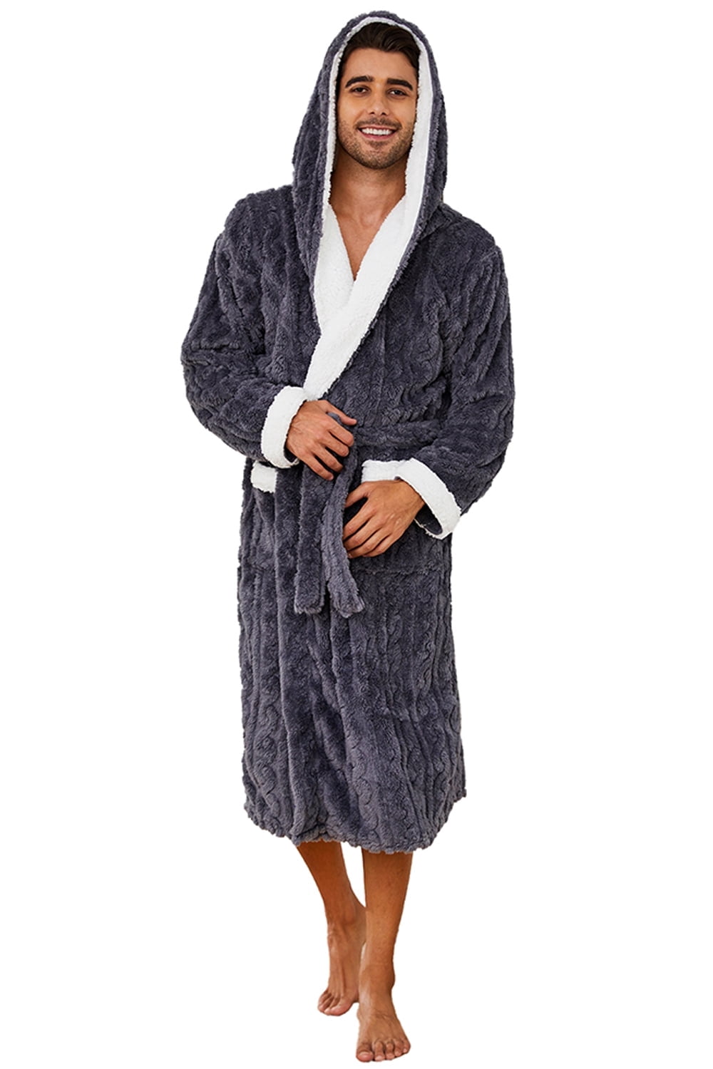 Vulcanodon Mens Robe with Hood,Full Length Plush Robe for Men Contrast ...
