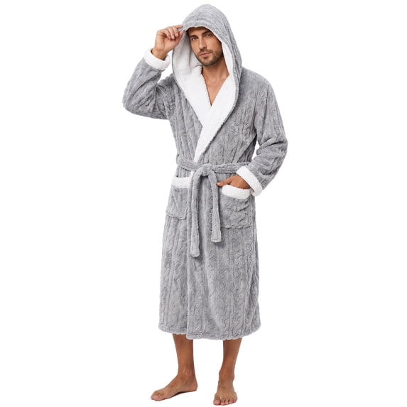Vulcanodon Mens Robe with Hood,Full Length Plush Robe for Men Contrast Thick Fleece Bathrobe (Light Grey, Large-X-Large)