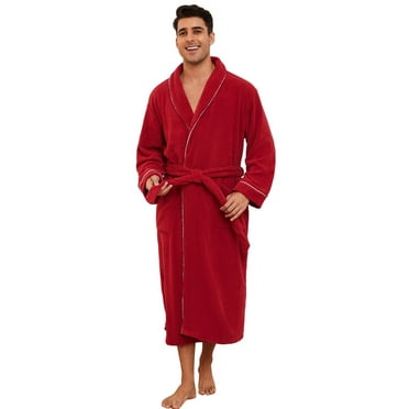 Vulcanodon Mens Shawl Collar Fleece Bathrobe, Soft Warm Long Sleeve Robe with Pockets Spa Robes for Men Cozy Sleepwear（Burgundy, L/XL）