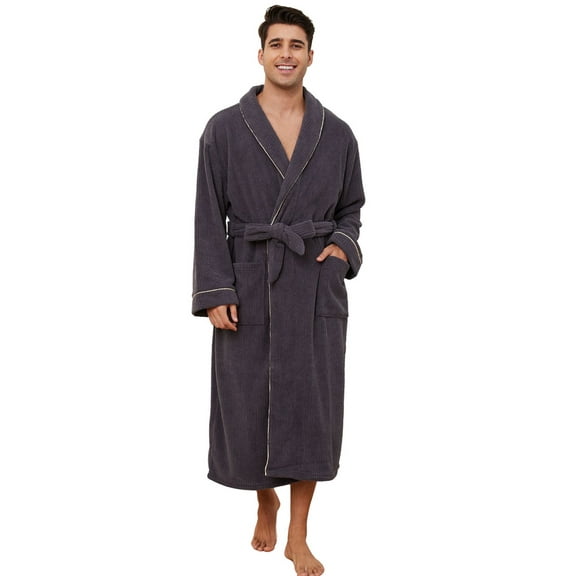 Vulcanodon Mens Shawl Collar Fleece Bathrobe, Soft Warm Long Sleeve Robe with Pockets Spa Robes for Men Cozy Sleepwear（Dark Grey, S/M）
