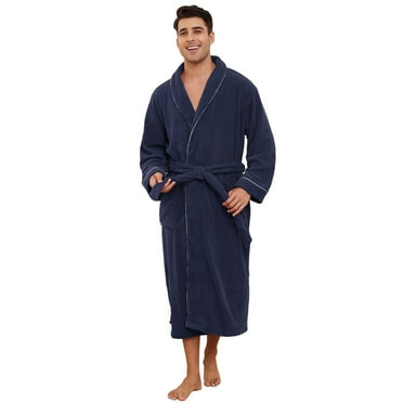 Vulcanodon Mens Shawl Collar Fleece Bathrobe, Soft Warm Long Sleeve Robe with Pockets Spa Robes for Men Cozy Sleepwear（Navy, L/XL）