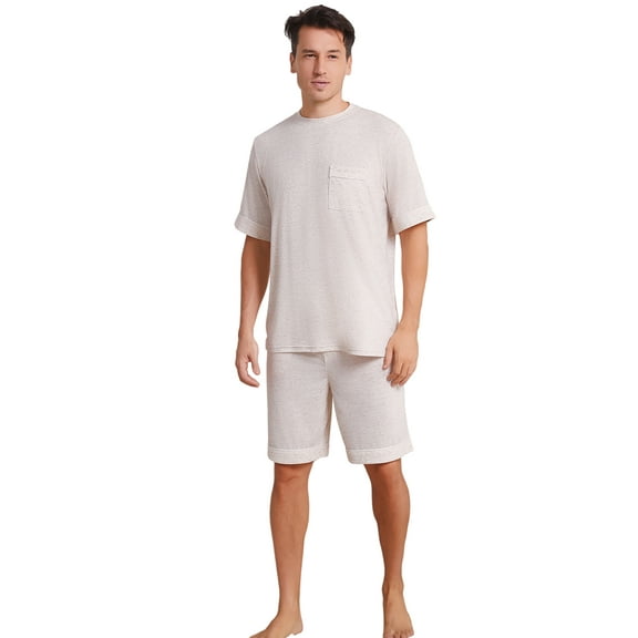 Vulcanodon Mens Short Pajama Set,Lightweight Sleepwear Soft Nightwear Short Sleeve Set With Pocket,(Beige Mel.L)