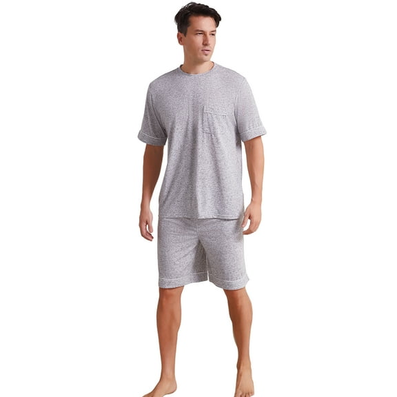 Vulcanodon Mens Short Pajama Set,Lightweight Sleepwear Soft Nightwear Short Sleeve Set With Pocket,(Light Grey Mel.M)