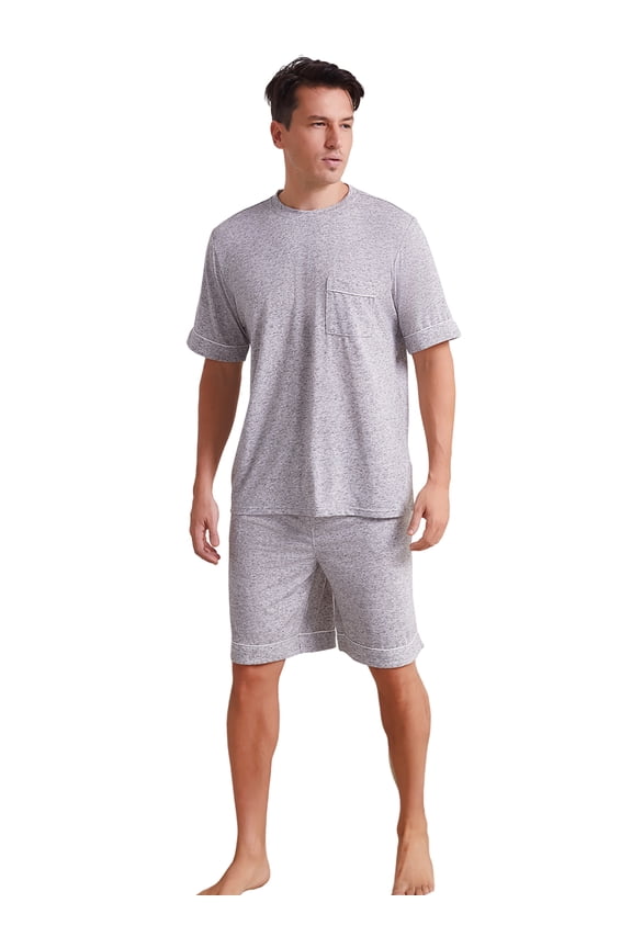 Mens Short Pajama Set,Lightweight Sleepwear Soft Nightwear Short Sleeve Set With Pocket,(Light Grey Mel.M)