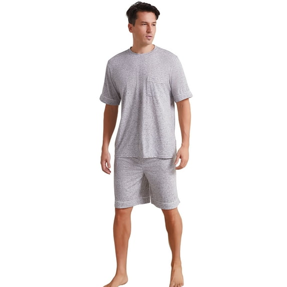 Vulcanodon Mens Short Pajama Set,Lightweight Sleepwear Soft Nightwear Short Sleeve Set With Pocket,(Light Grey Mel.M)