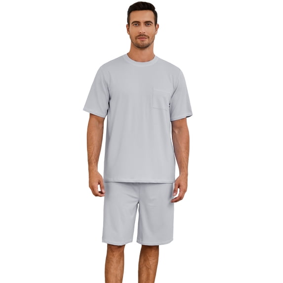 Vulcanodon Mens Short Pajama Set,Lightweight Sleepwear Soft Nightwear Short Sleeve Set With Pocket,(Light Grey,S)