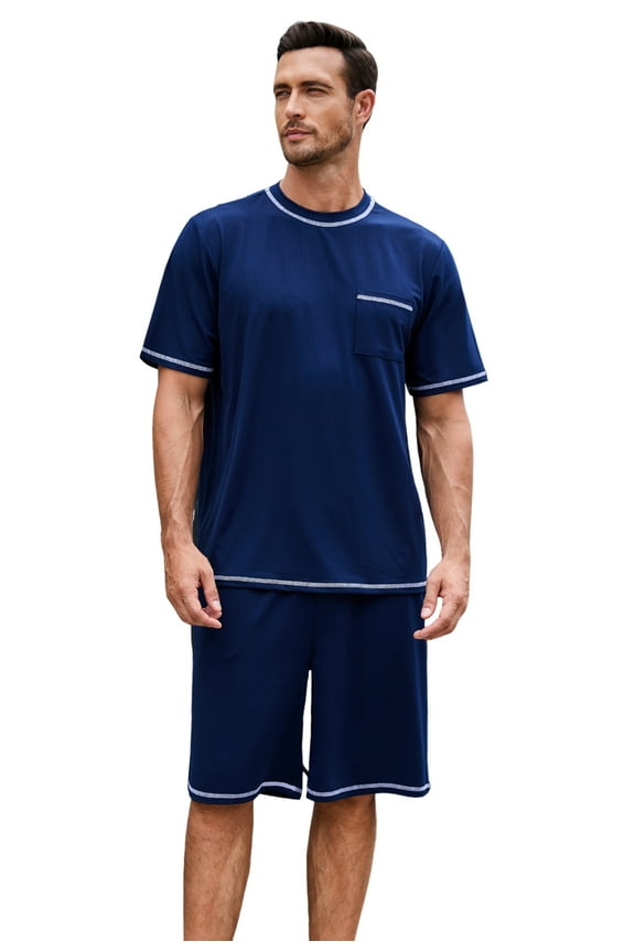 Mens Short Pajama Set,Lightweight Sleepwear Soft Nightwear Short Sleeve Set With Pocket,(Navy,S)