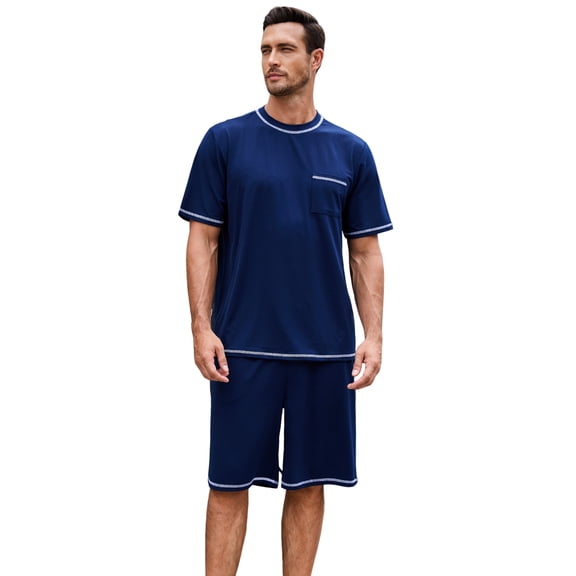 Vulcanodon Mens Short Pajama Set,Lightweight Sleepwear Soft Nightwear Short Sleeve Set With Pocket,(Navy,S)
