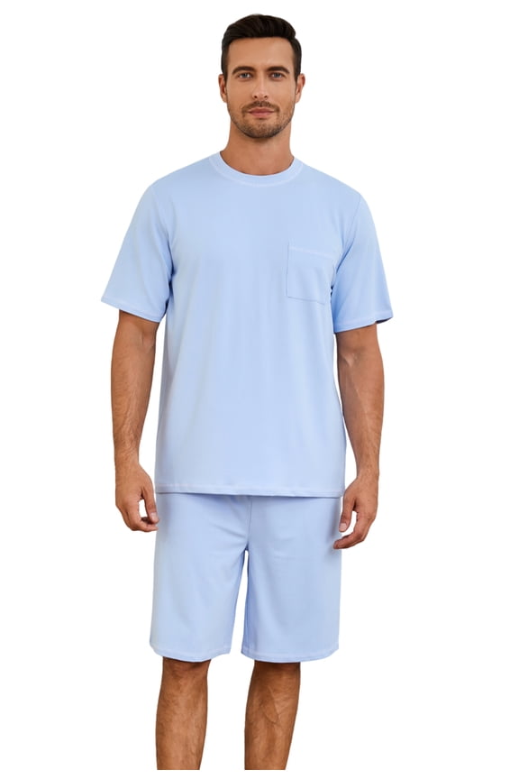 Mens Short Pajama Set,Lightweight Sleepwear Soft Nightwear Short Sleeve Set With Pocket,(Sky Blue,L)