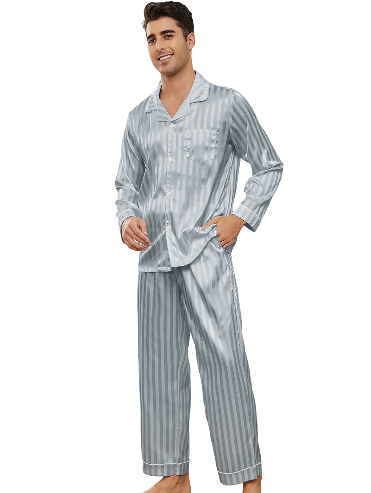 Vulcanodon Mens Silk Pajamas Set, Long Sleeve Satin Striped Button Down ...